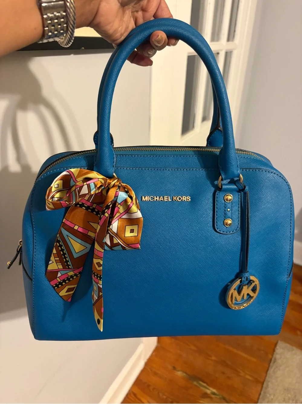 Michael Kors Savannah Large Teal Blue Saffiano Satchel with Scarf Accent